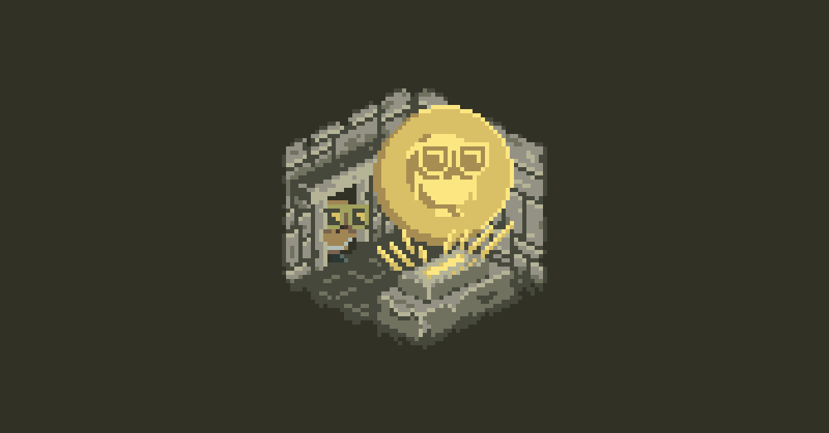 Lou Bagel discovering BagelCoin in an Indiana Jones inspired pixel art isometric cube