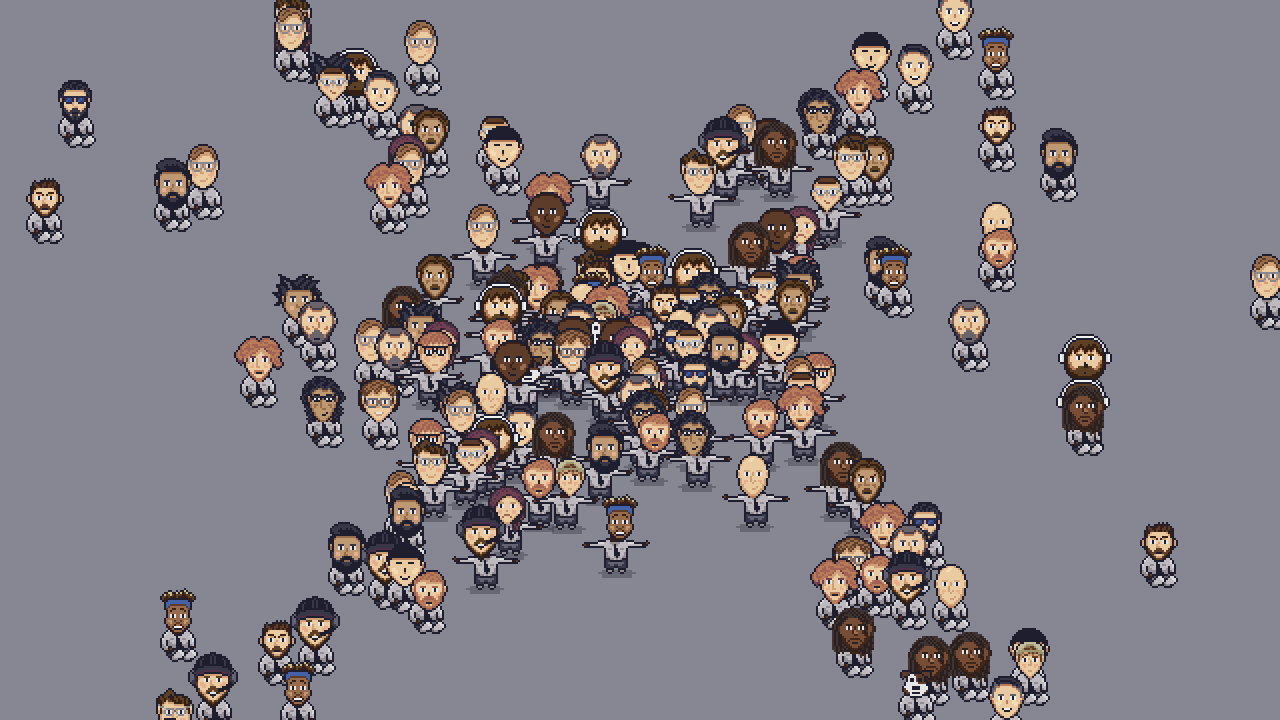 pixel art characters in a group dancing