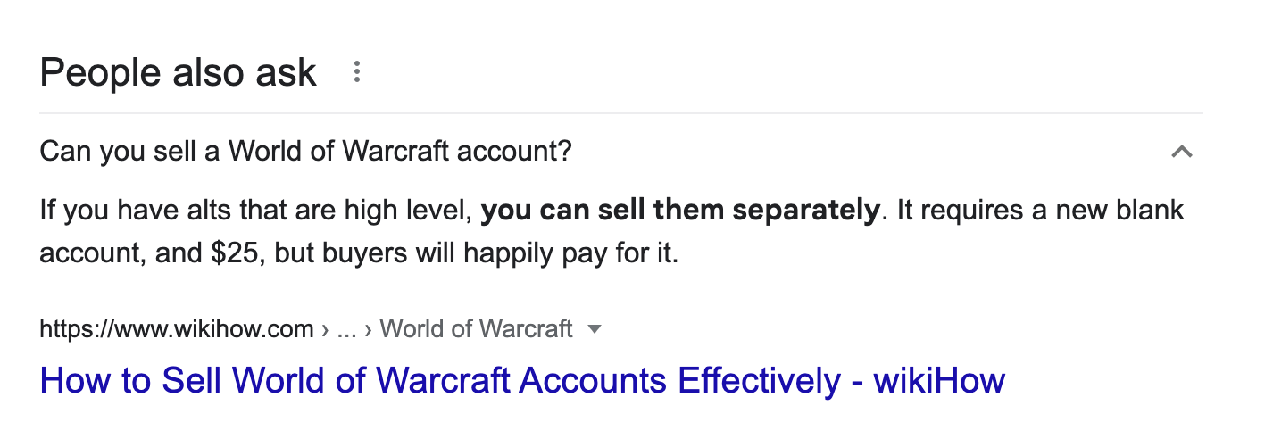 Can you sell World of Warcraft account answered on google