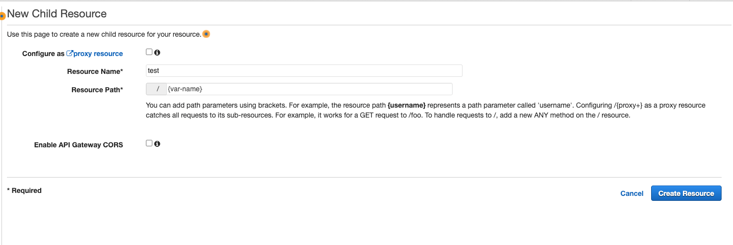 creating a new child resource in api gateway