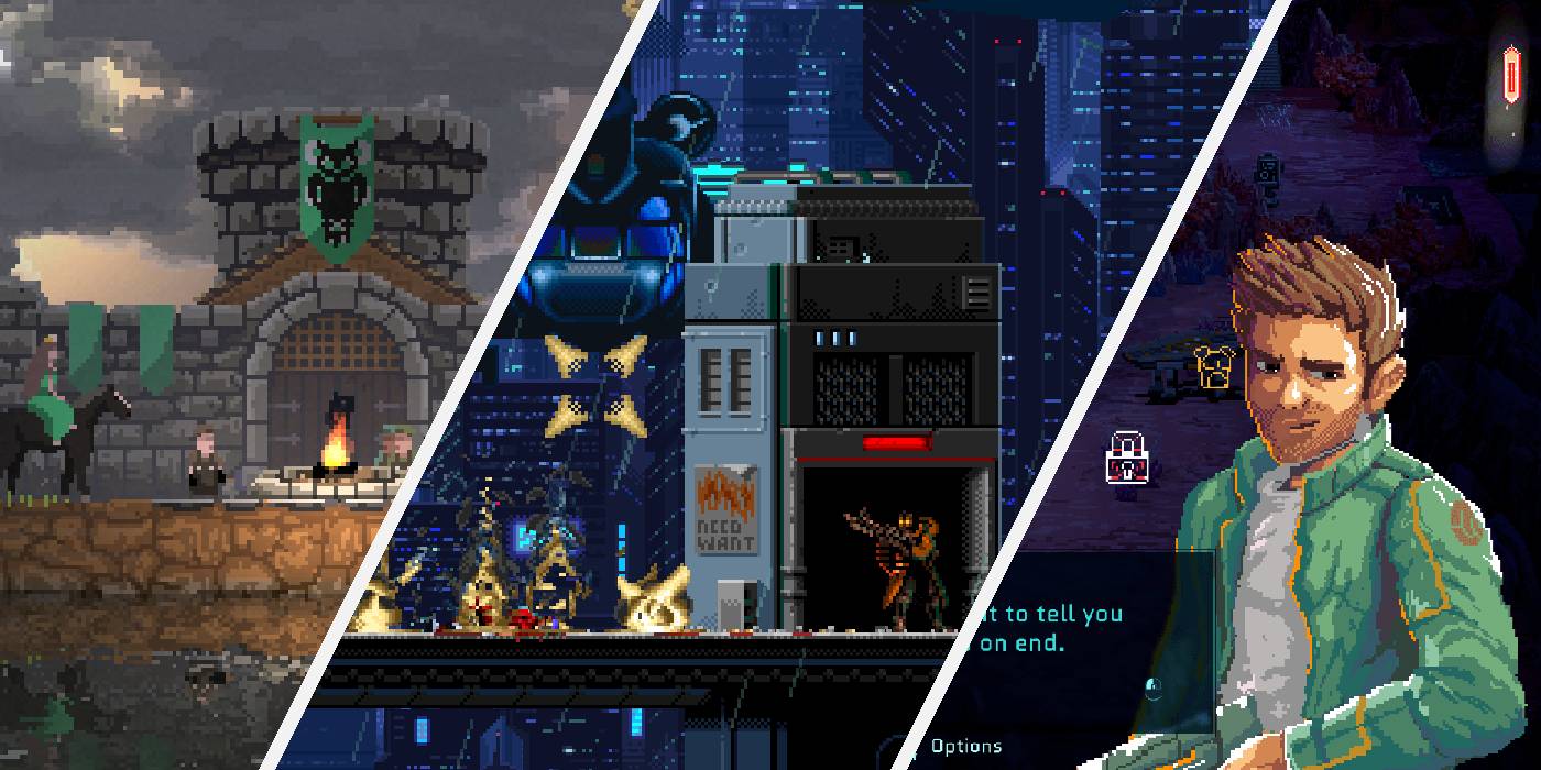 Screenshot collage of Kingdom Classic, HUNTDOWN, and Star Renegades