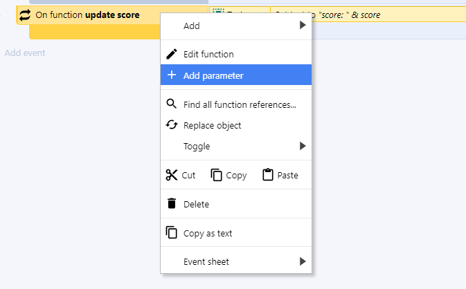 adding a function parameter in Construct 3