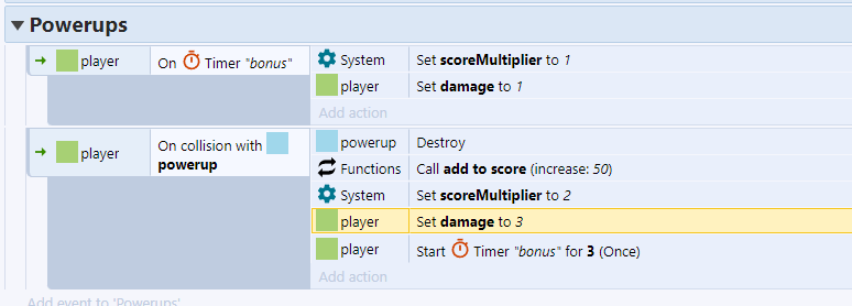 Construct 3 events for collecting powerup