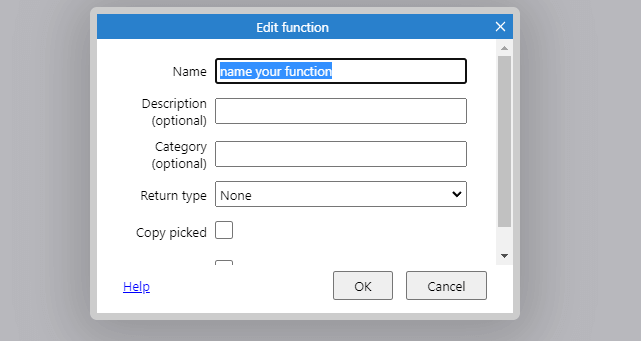 Construct 3 dialogue box for creating a function