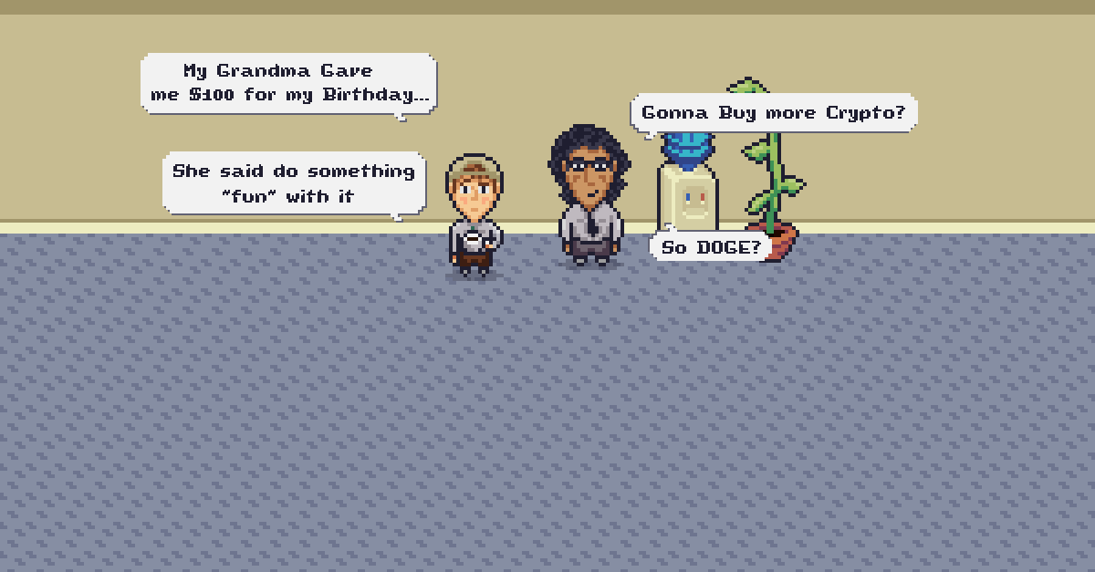 pixel art characters standing at water cooler