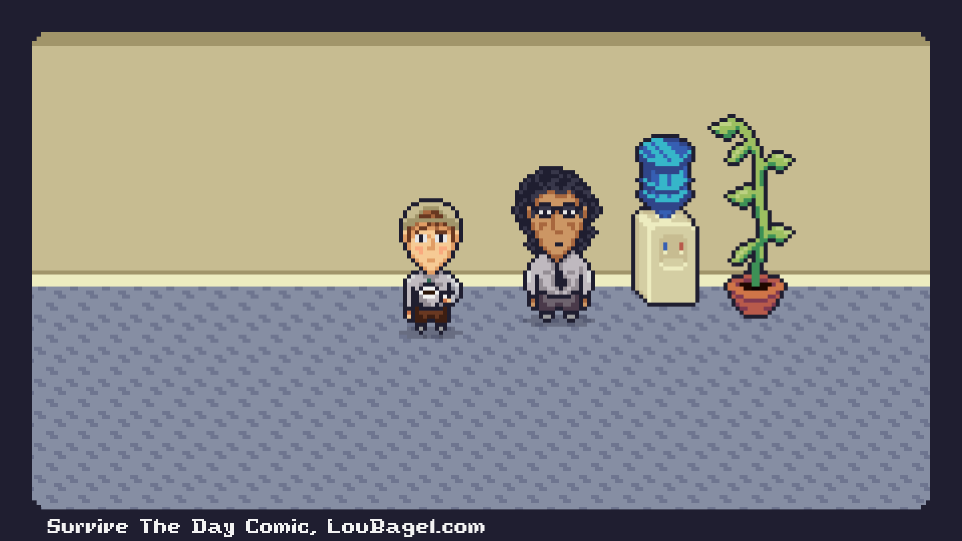 pixelart comic gif of two guys at a water cooler in an office