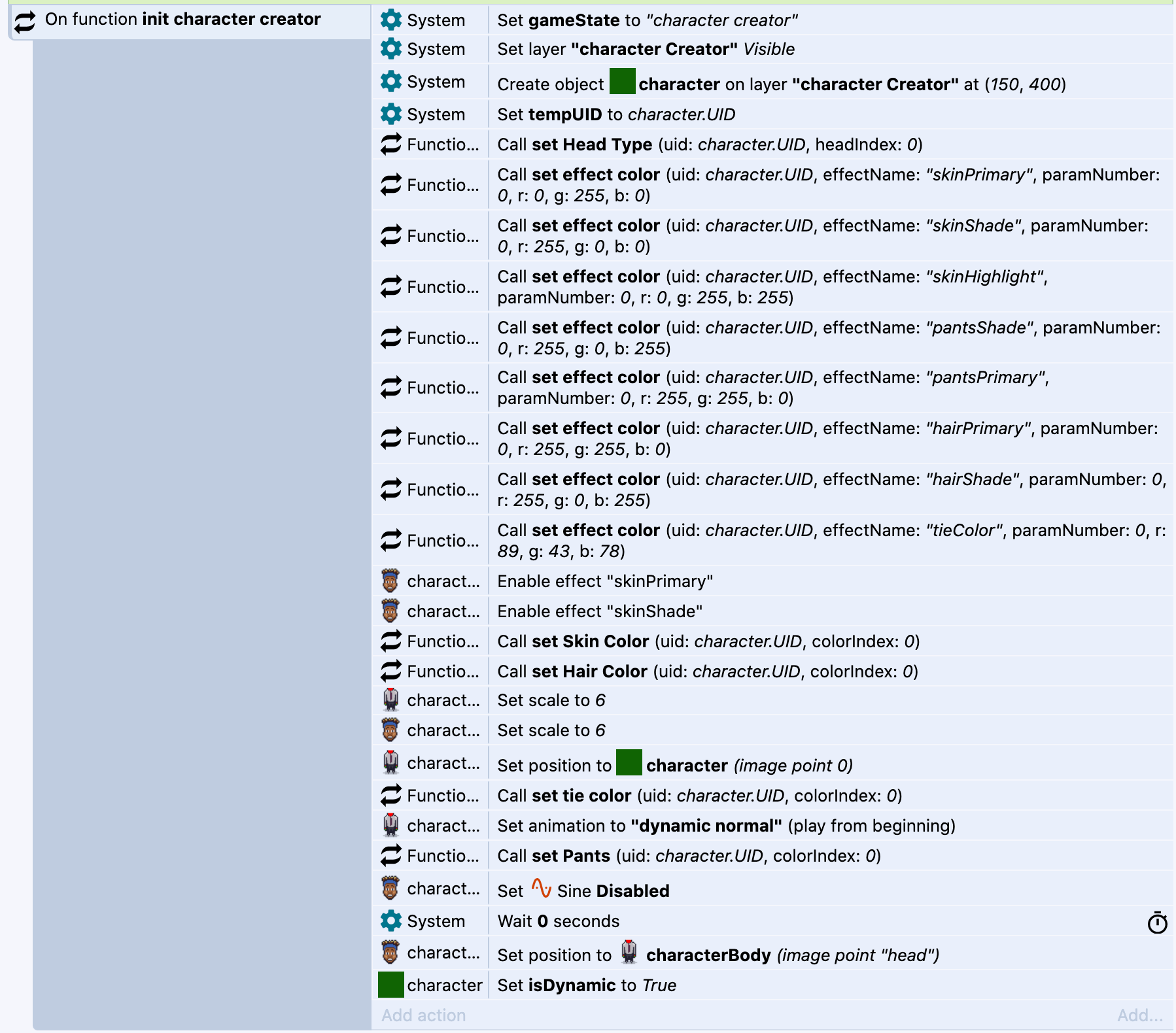 construct 3 screenshot of init character creator function