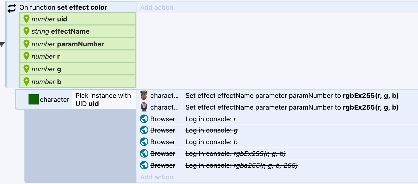 construct 3 screenshot of set effect color function