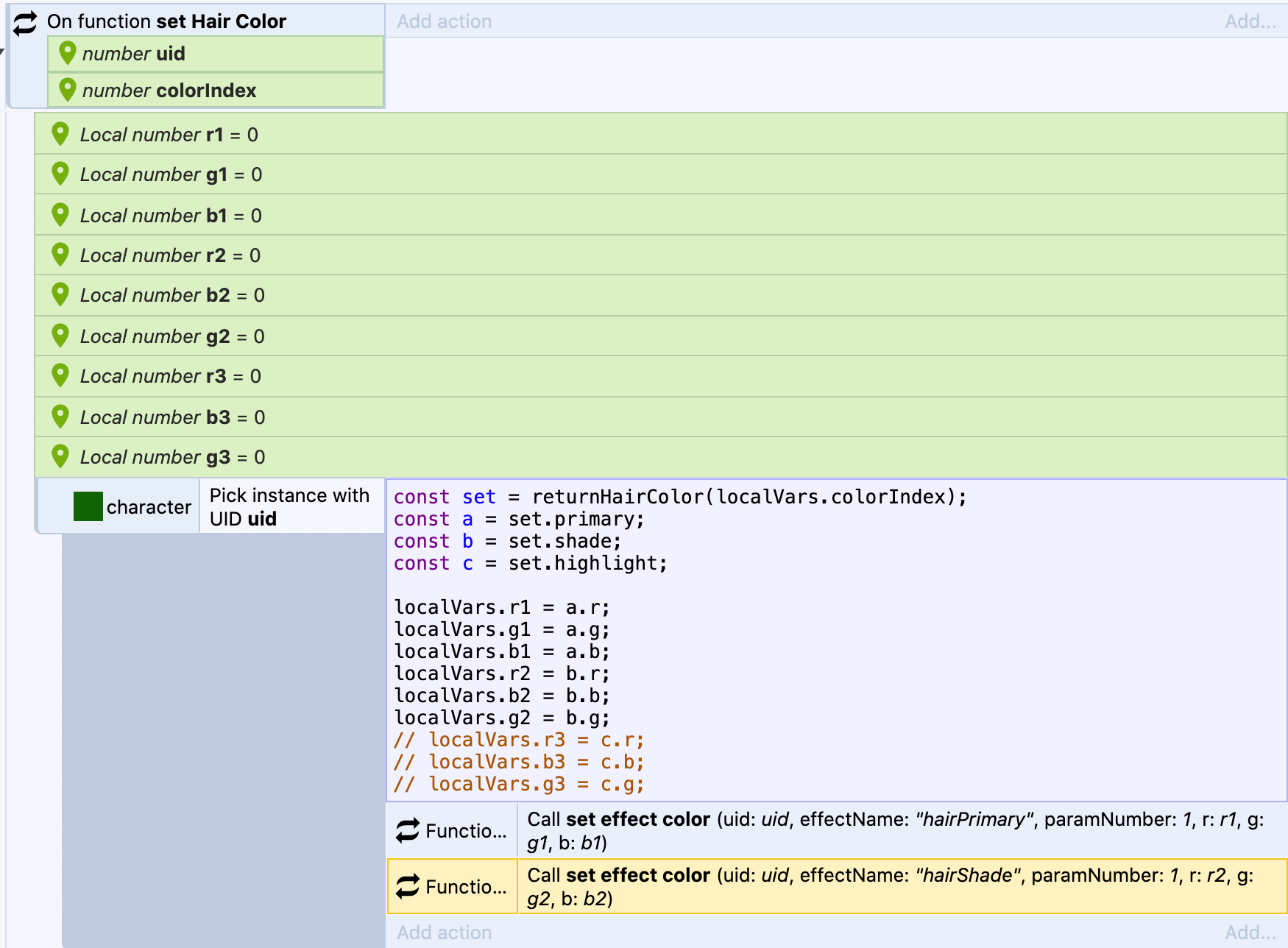 screenshot of construct 3 with set hair color function