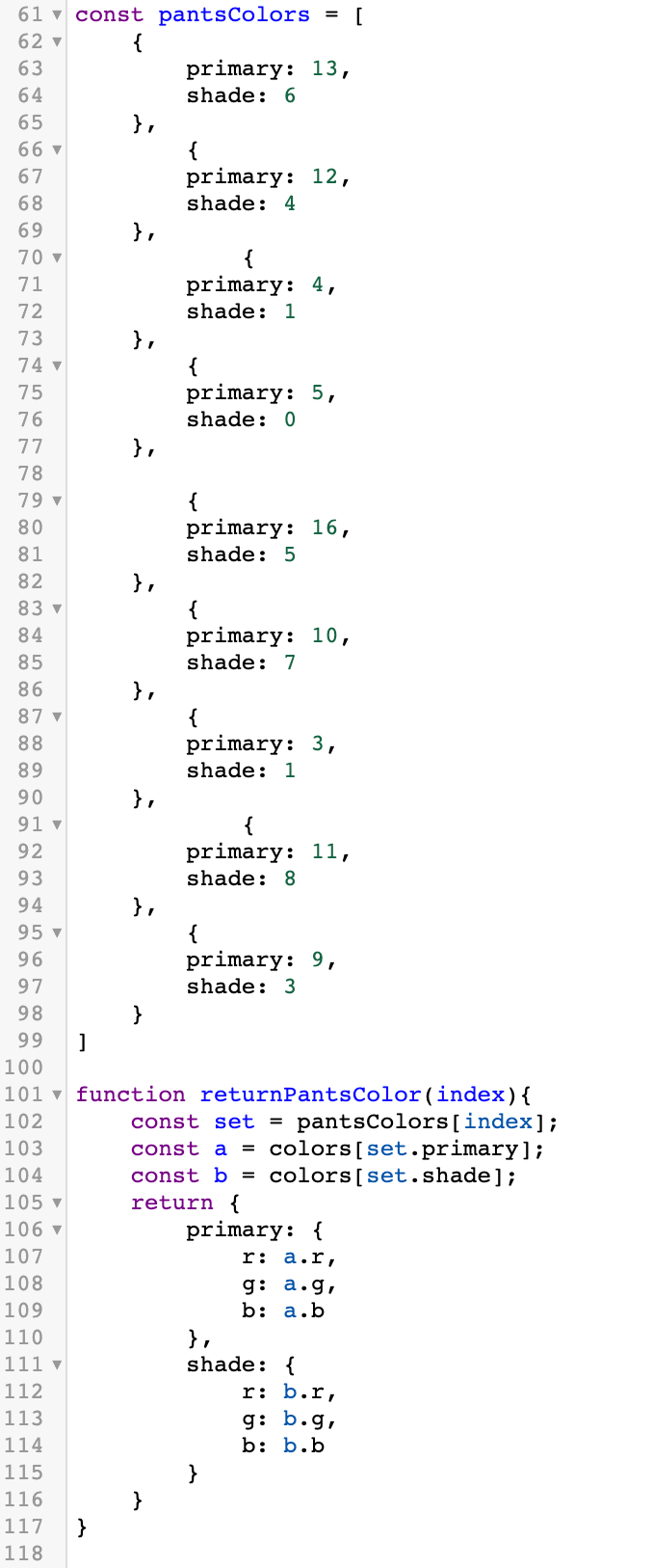 Screenshot of Construct 3 script to return pants colors