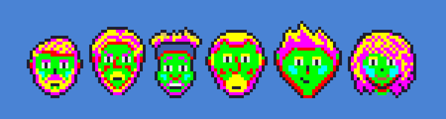 Six Pixel Art Character Heads with colors replaced