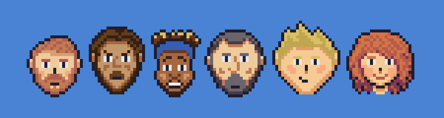 Six pixel art character heads