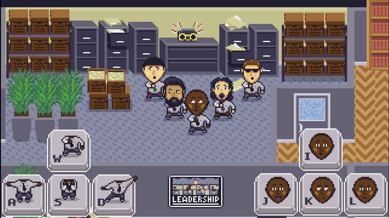 screenshot of five office workers dancing