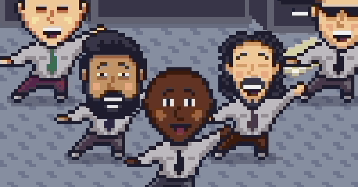 five office workers dancing in unison