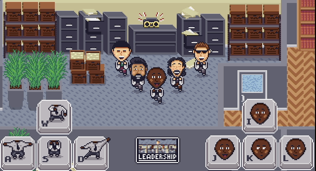 animated gif of five co-workers doing a dance move in unison in the office