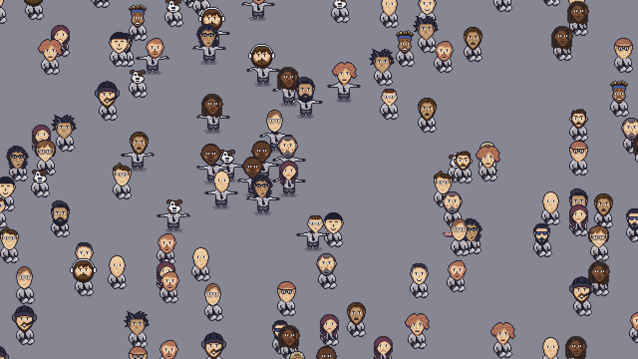 pixel art office characters sitting or dancing