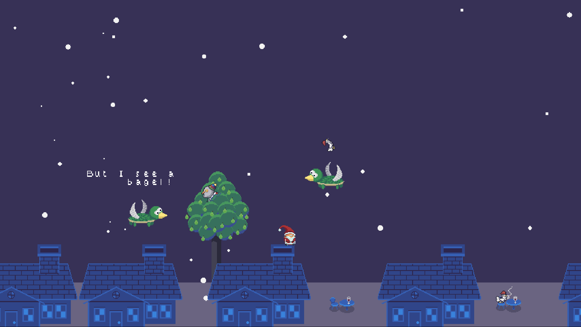 santa lou bagel surrounded by two turtle doves and a jumping french hen