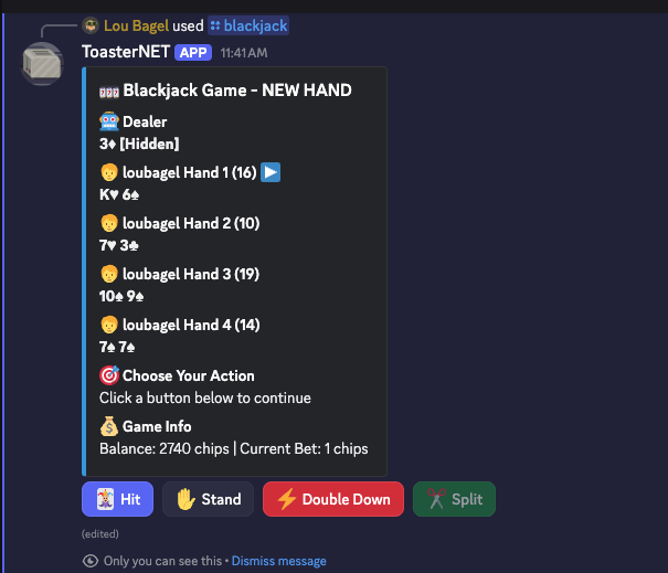 toasternet dealing four hands of blackjack