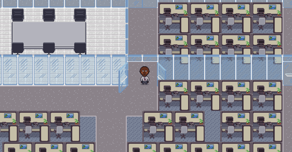 pixel art character standing in an empty office