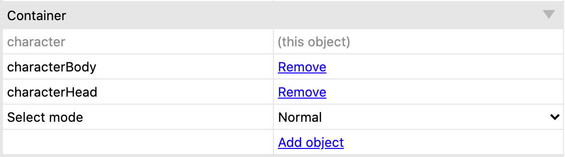 Container for the Character in Construct Properties panel