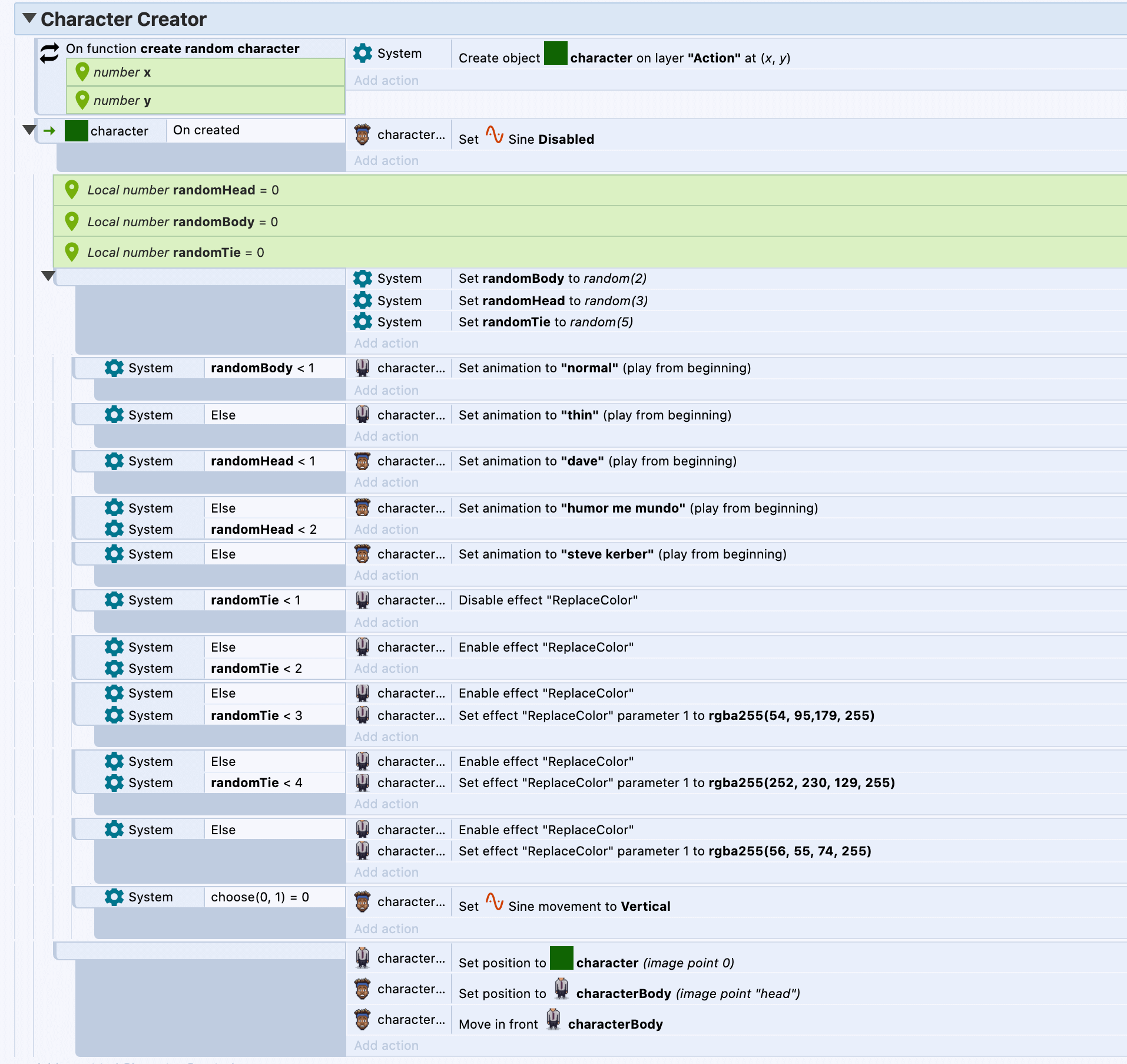 Construct Events to create a character