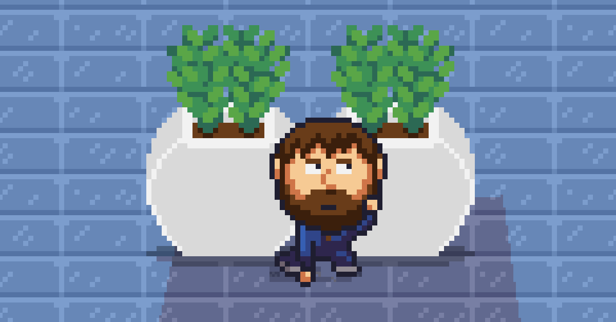 pixel art janitor ducking behind plants to avoid security camera