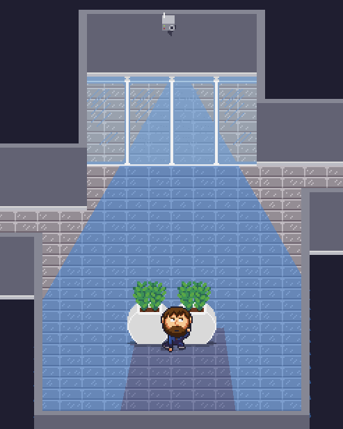 janitor ducking behind a plant to hide from security camera