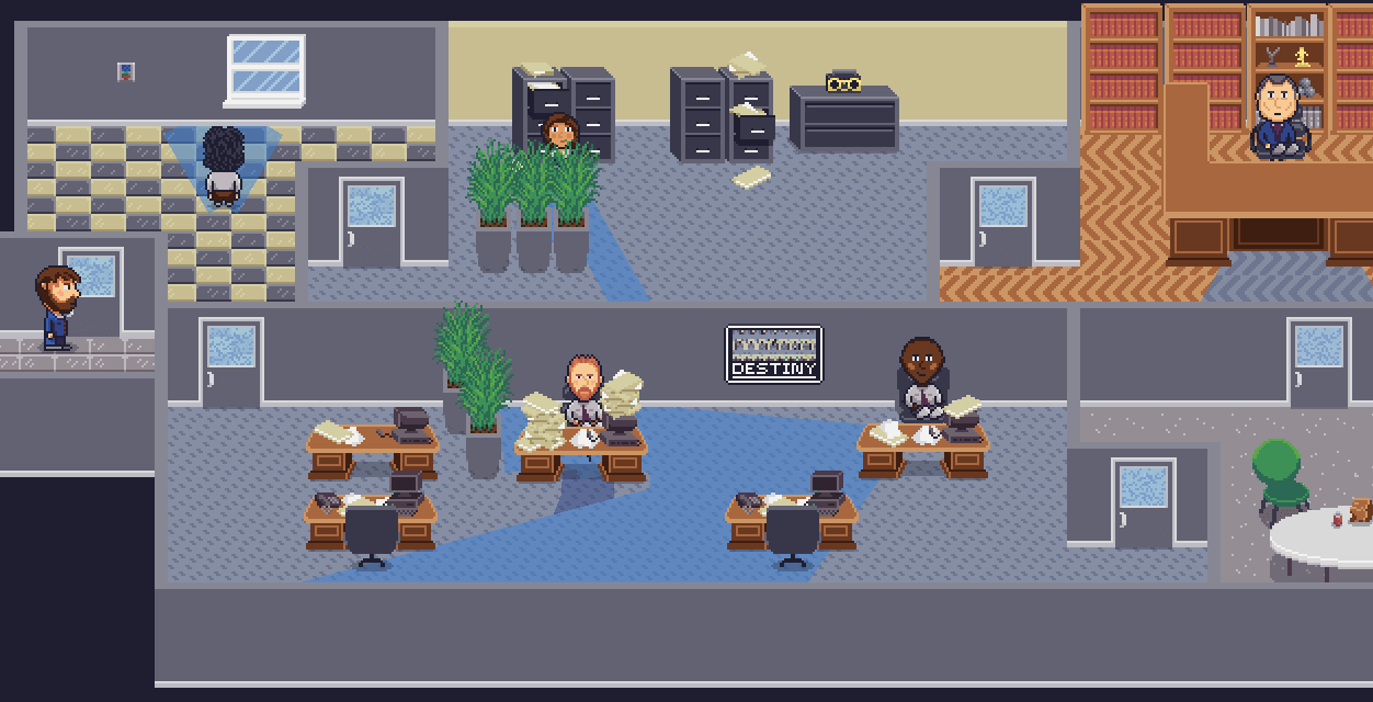 four connected rooms with multiple workers