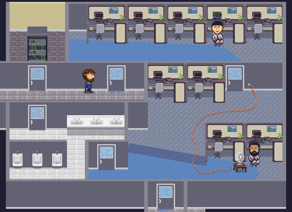 two workers, a fan, and a server