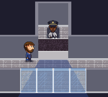 tom rolling past a security guard sitting