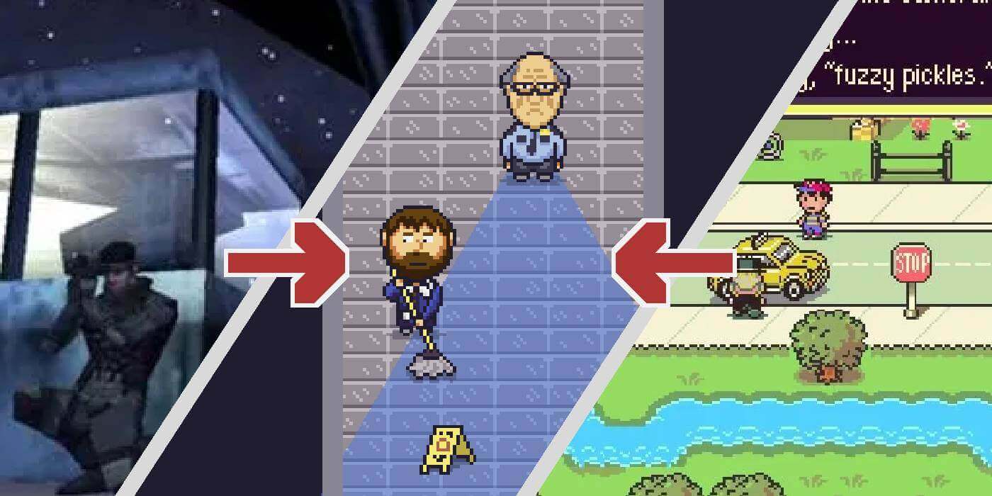 screenshots of metal gear solid, earthbound, and my game