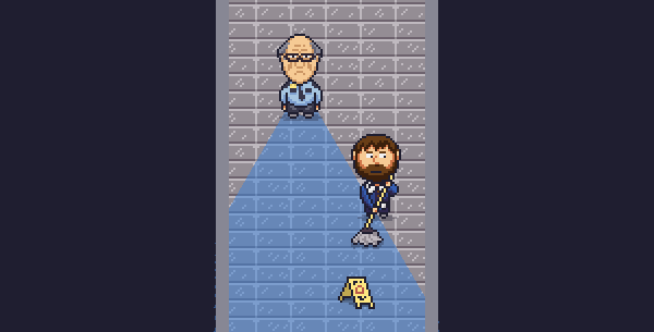 tom the janitor mopping inconspicuously while security walks by