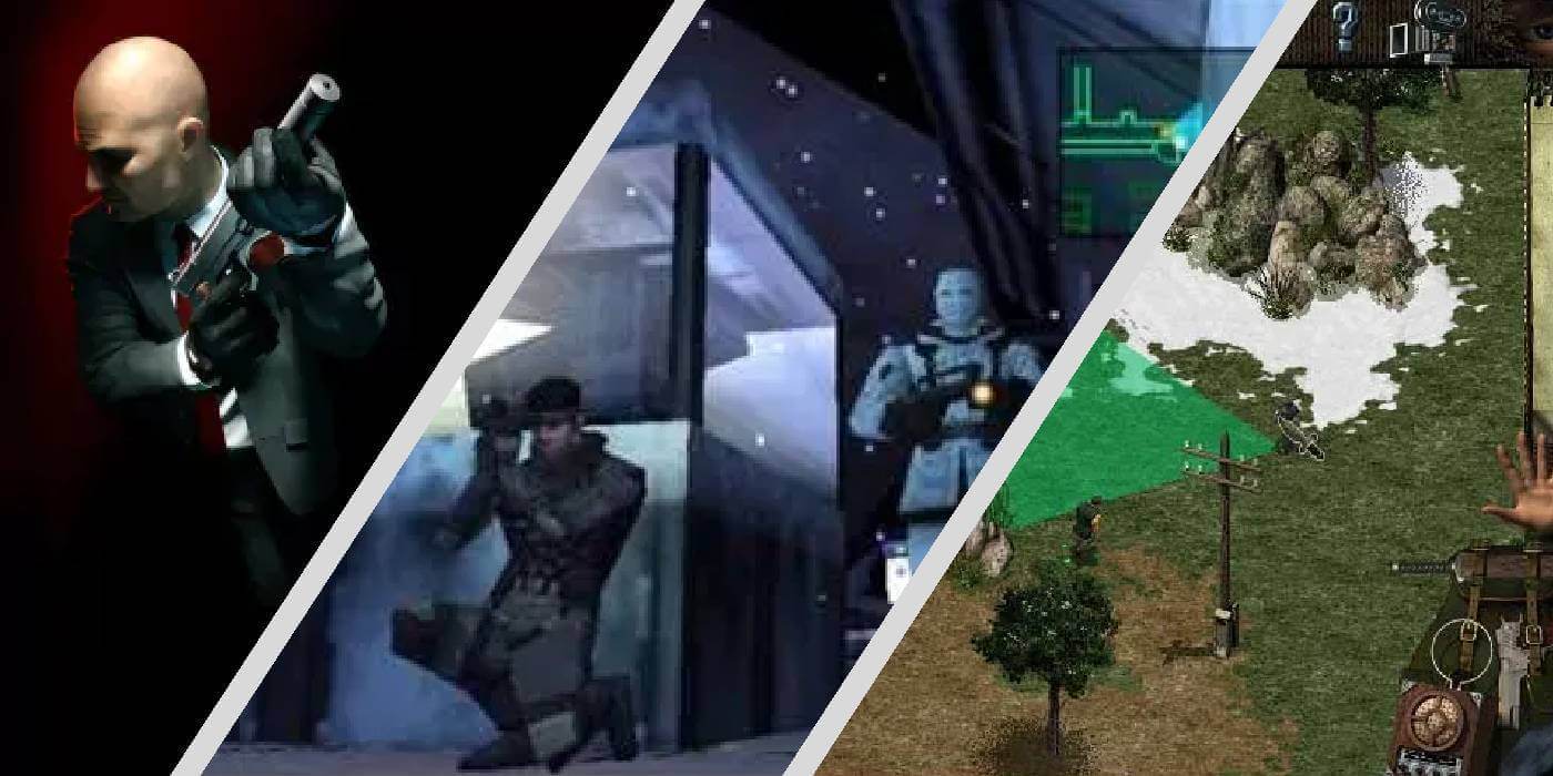 screenshots of hitman, metal gear solid, and commandos