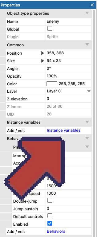 Arrow pointing to instance variables on the property bar