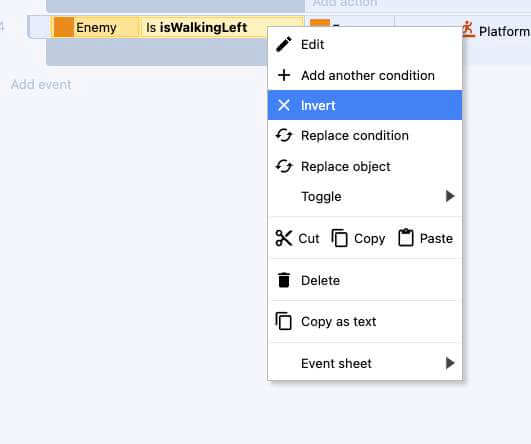Invert a condition in Construct by right clicking