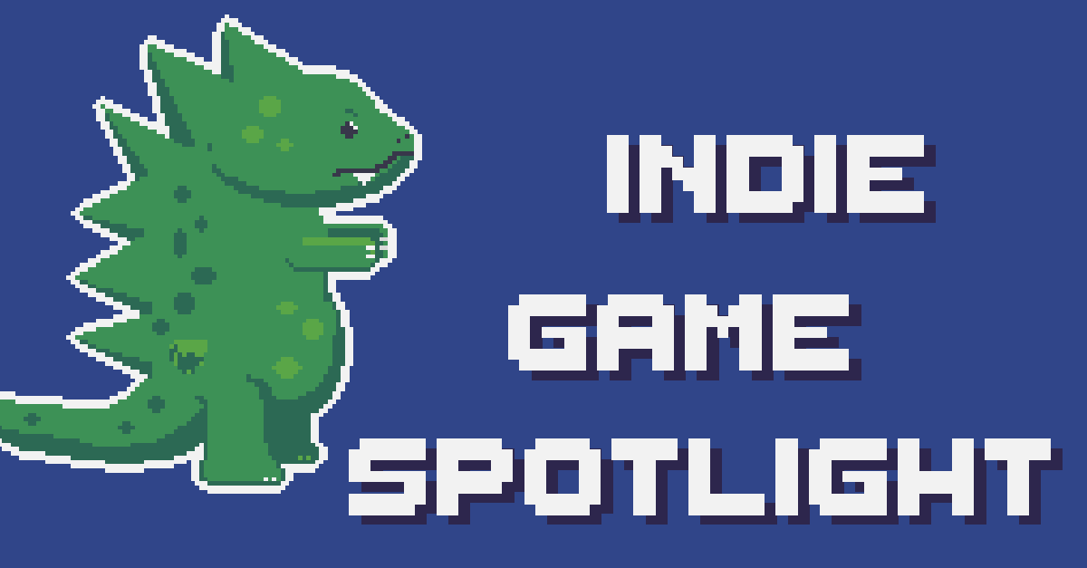 Indie Game Spotlight text with dinosaur pixel art