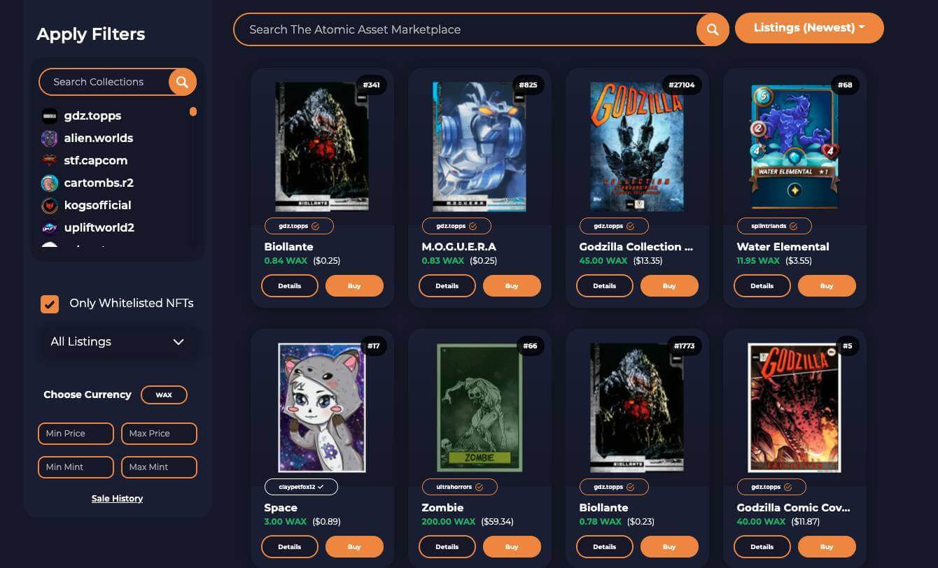 Screenshot of Wax AtomicHub Marketplace