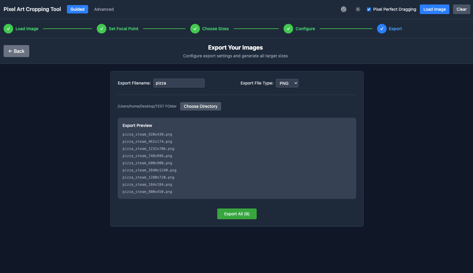 export screen of the guided mode