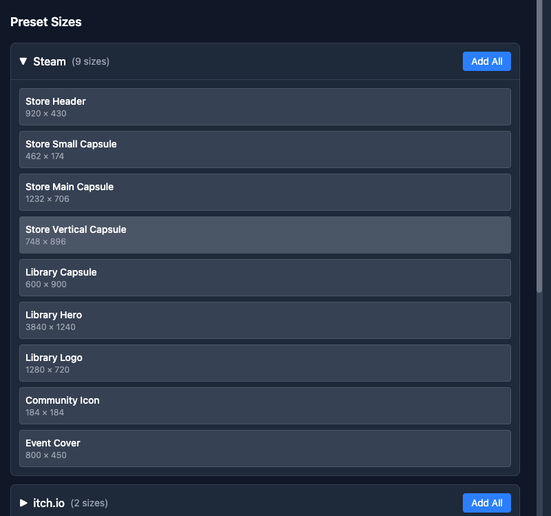 Steam Preset Sizes