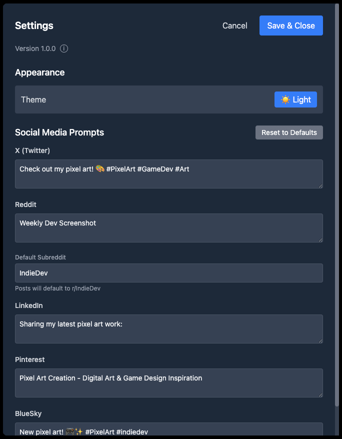 settings for pixel art cropping tool