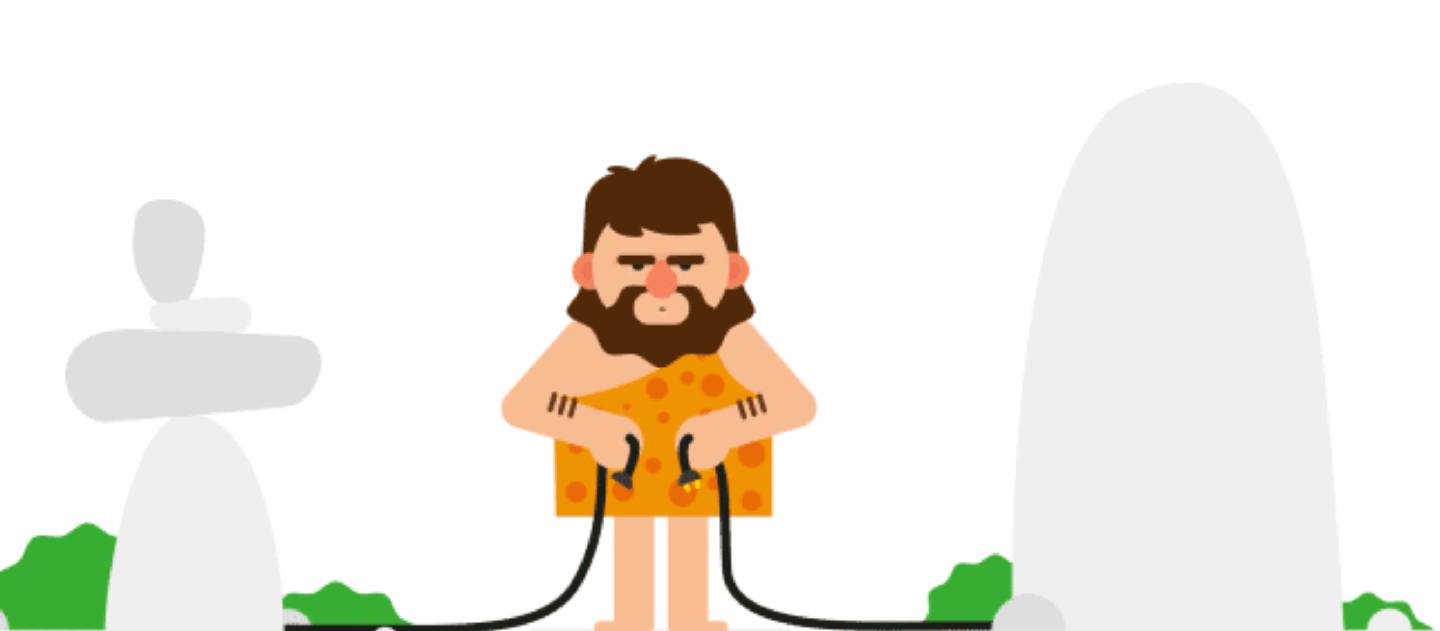 caveman holding unplugged cables