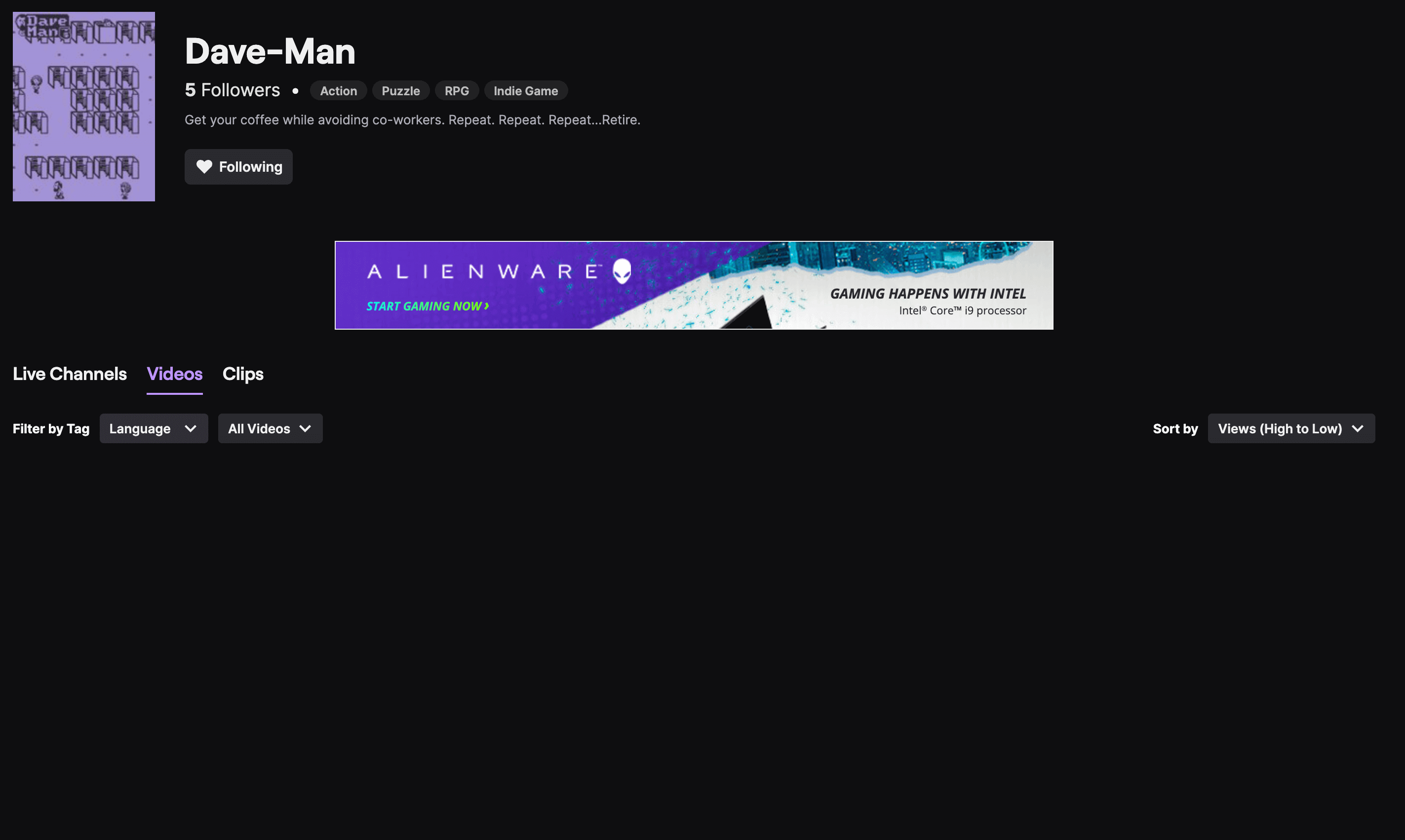 Screenshot of Twitch page for Dave-Man; no videos made