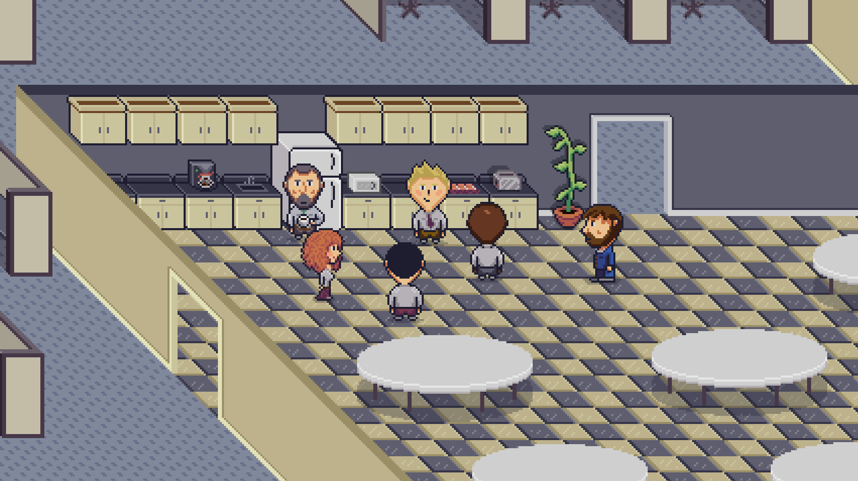 Pixel Art Characters in an office breakroom