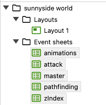 construct 3 screenshot of event sheets and layouts