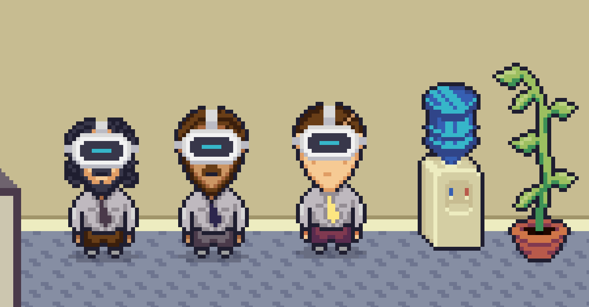 three workers with vr goggles on at the watercooler
