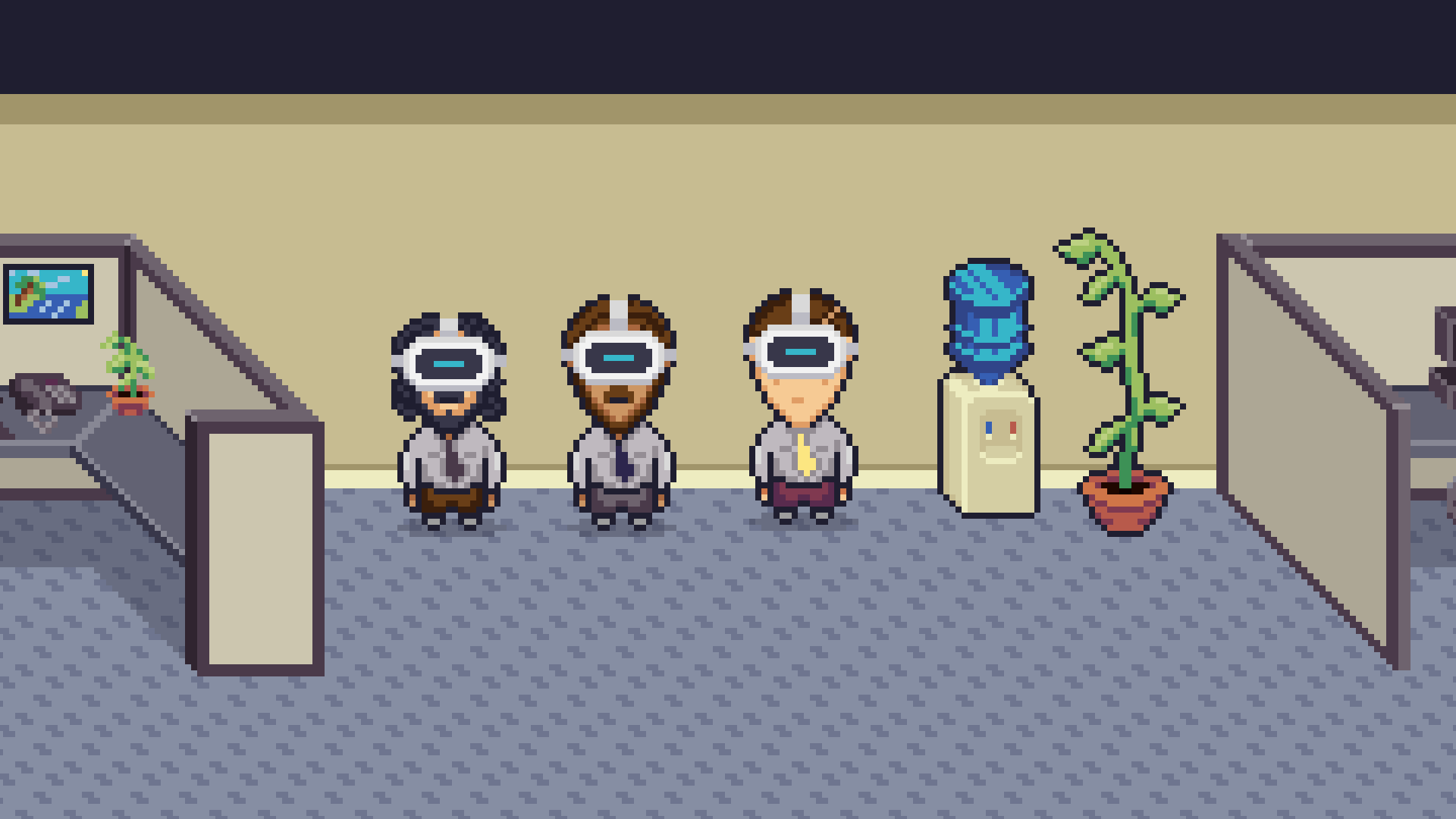 pixelart characters standing around water cooler with VR headsets on