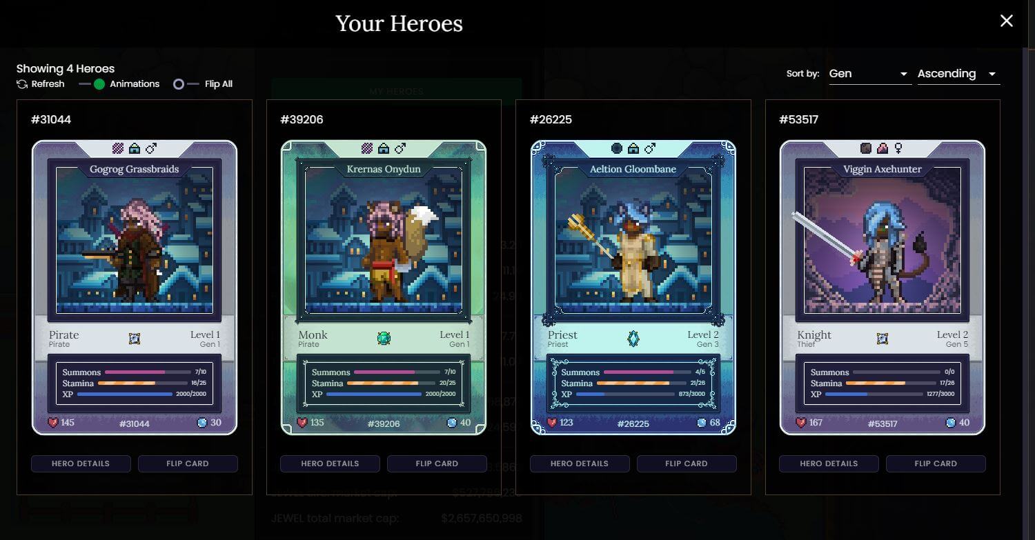 Four Hero Cards in DeFi Kingdoms