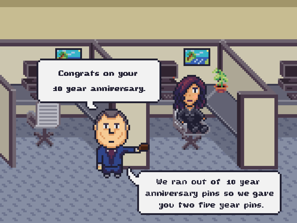 Pixel Art Cartoon about a 10 year work anniversary