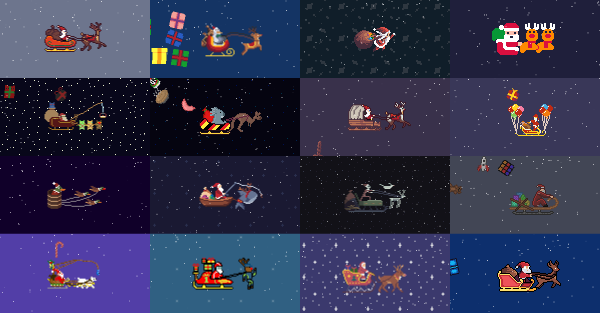 Sixteen unique santa sleighs done by different artists
