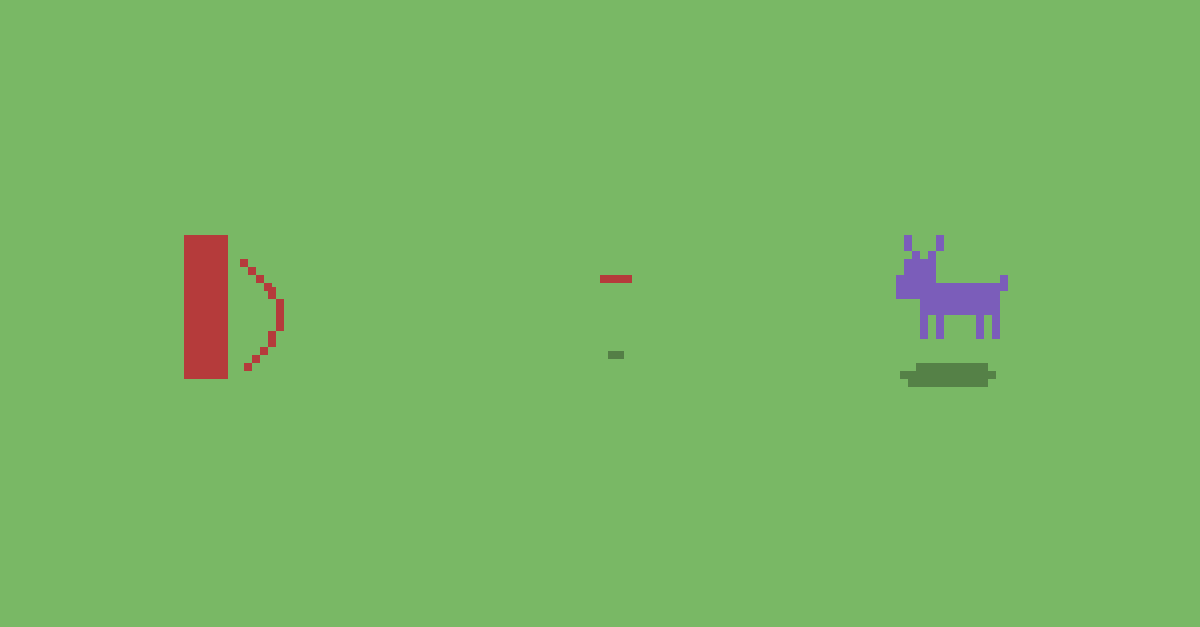 Red rectangle with a bow shooting a pixel arrow at a purple pixel deer